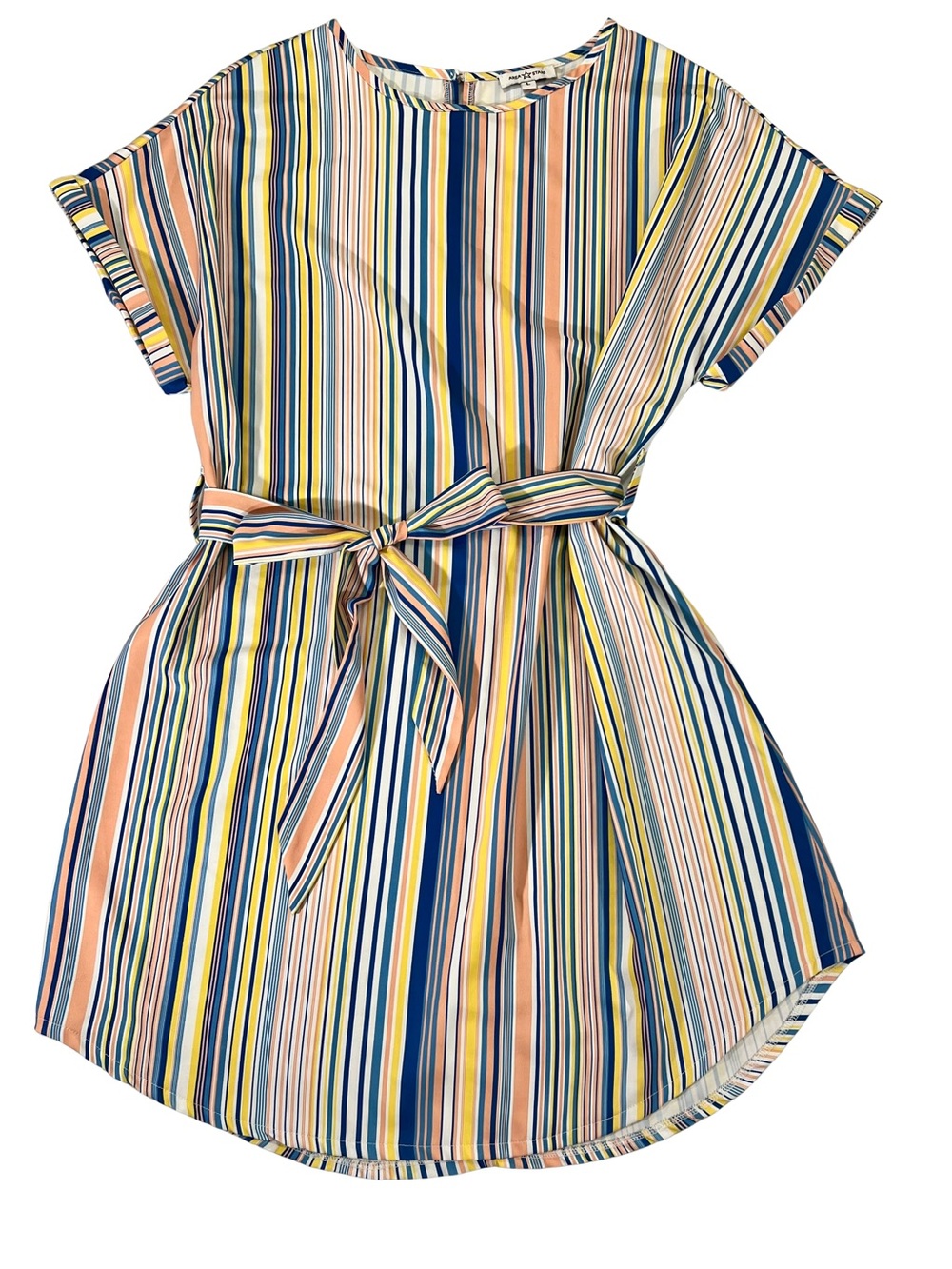 Blue, Yellow & Peach Striped Tie-Waist Mini Dress
